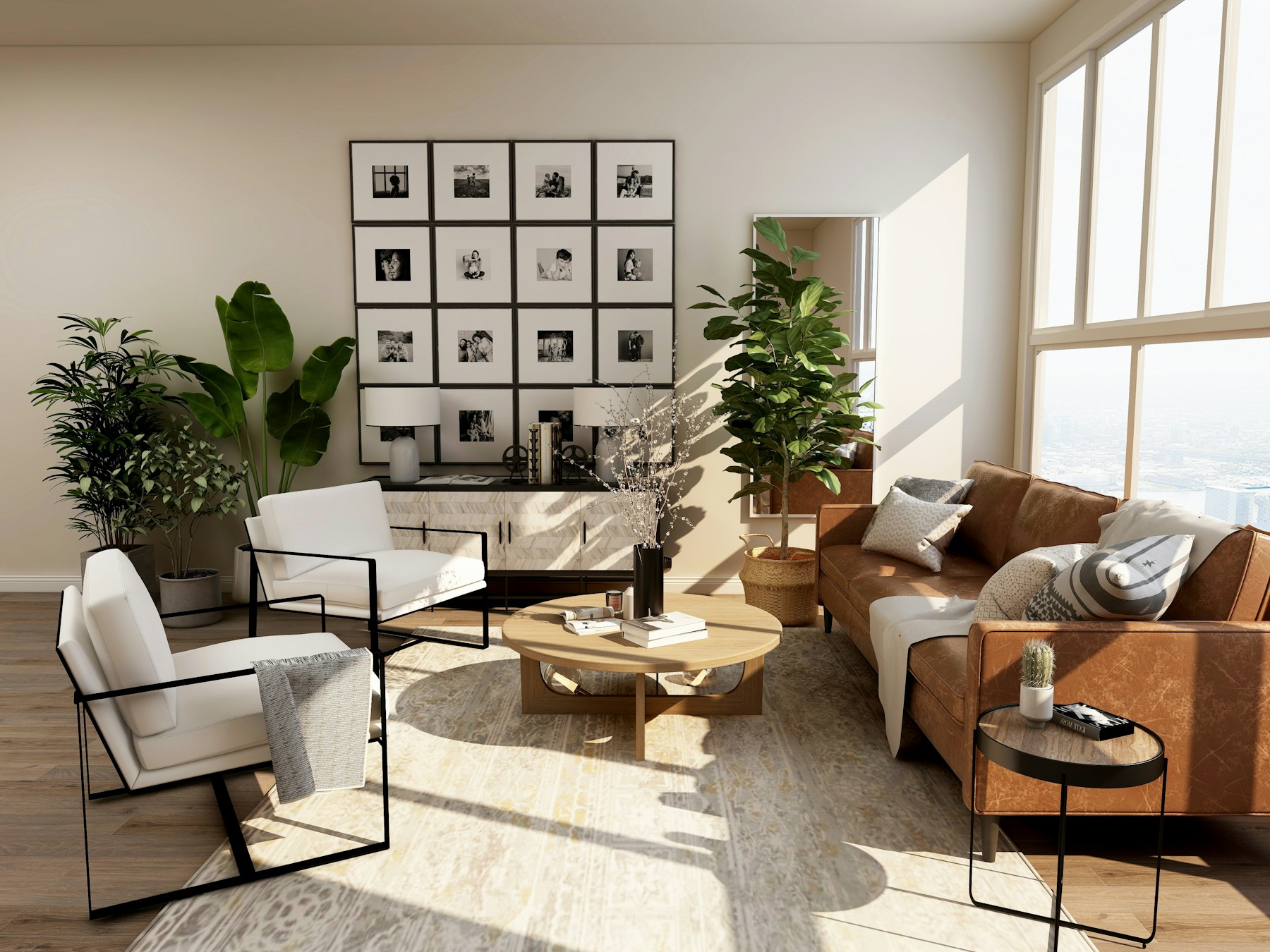 Natural wood, soft upholstery and plants arranged in a sunlit living room